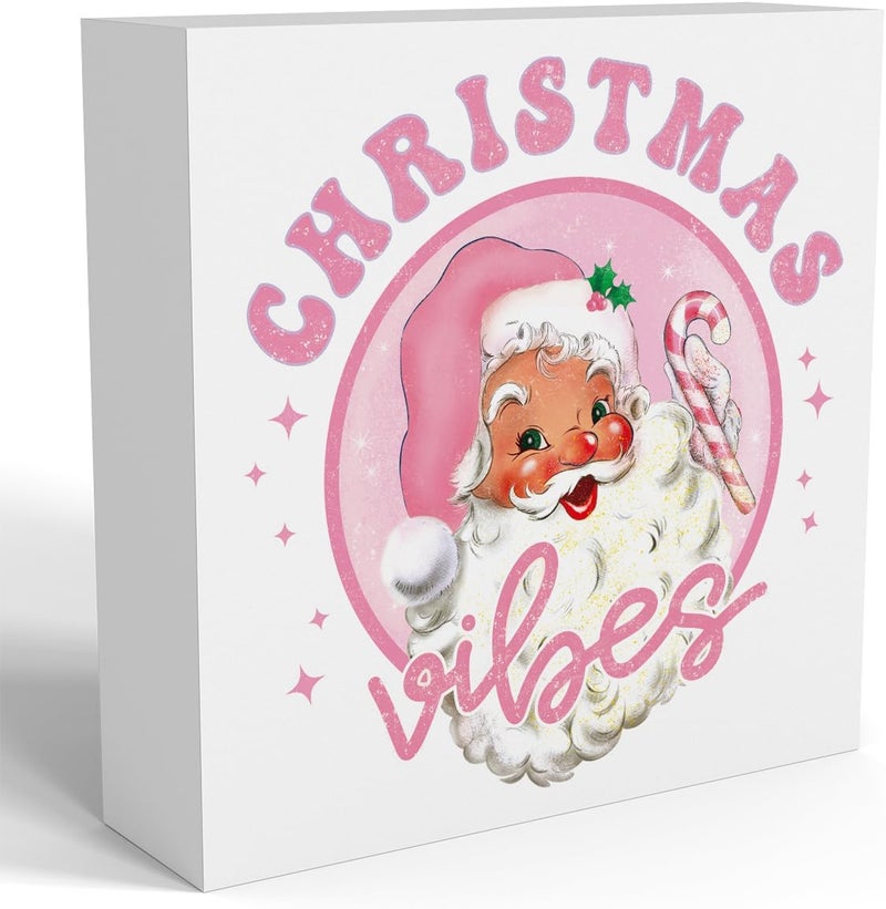 FXEFXE Pink Christmas Decor, Vintage Christmas Decorations Indoor, Glitter Candy Cane Santa Claus Sign Gift for Women Friends, Rustic Farmhouse Wooden Box Sign for Home Office Bedroom Desk Decor 5x5 Inches - Image 1
